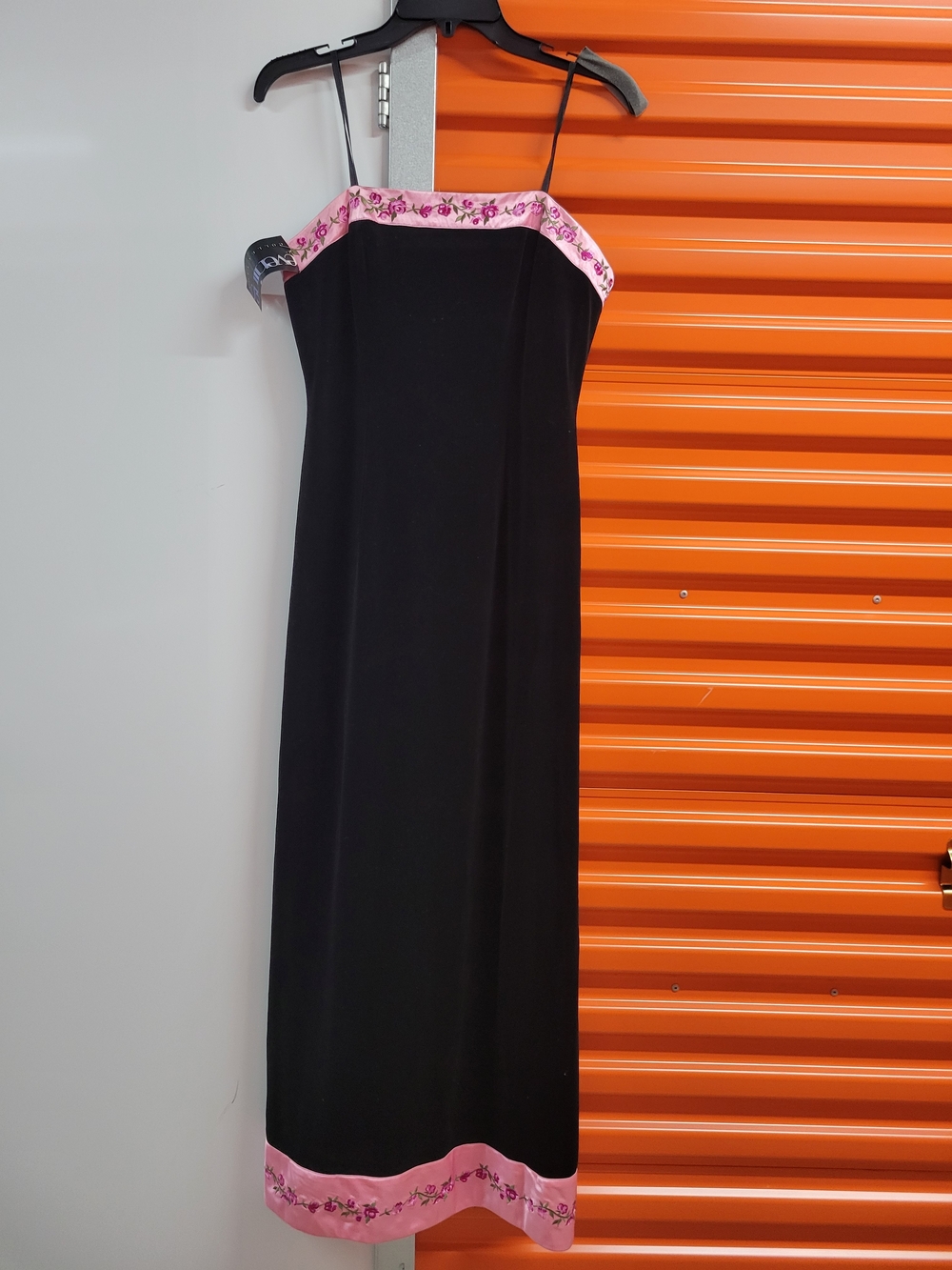 Papell Boutique Black Maxi Slip Dress with Pink Floral Trim